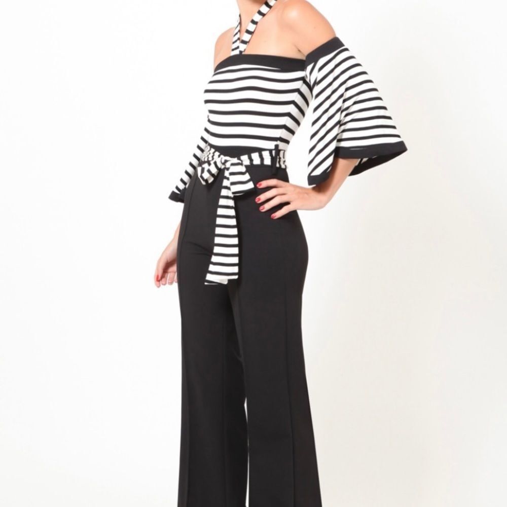 Black & White Part Striped Halter Jumpsuit - Picture 4 of 6
